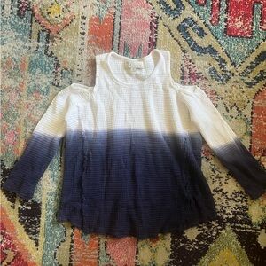 Vintage Havana Sweater Long Sleeve Cold Shoulder Waffle Knit Sz M Blue Beige EUC